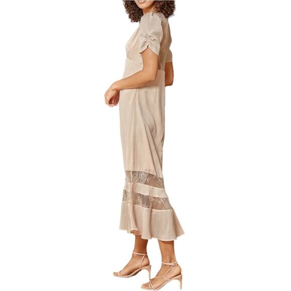 NWT LULUS Precious Moments Beige Lace Short Sleeve Midi Dress M - Picture 6 of 10